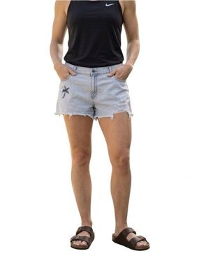 Aerie Palm Tree Embroidered Frayed Denim Shorts | Light Wash XL NWOT